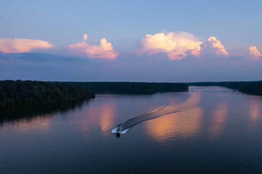 aerial view of a boat on Lake Oconee at sunset